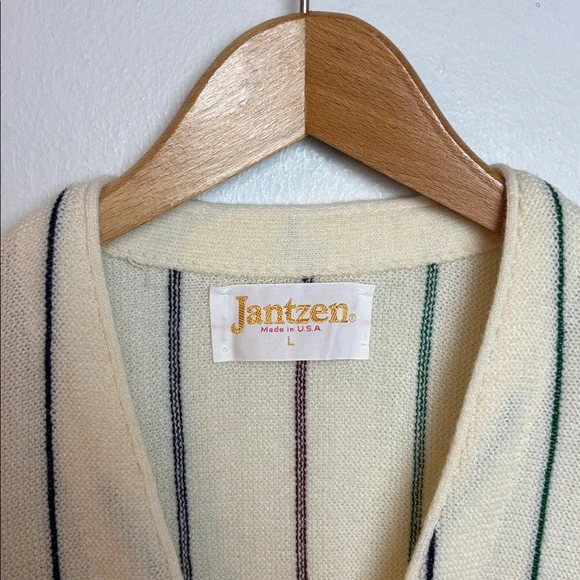 VTG Jantzen Candy Cane Striped Men’s Cardigan Sweater Cream Large Preppy Grandpa - Picture 4 of 6
